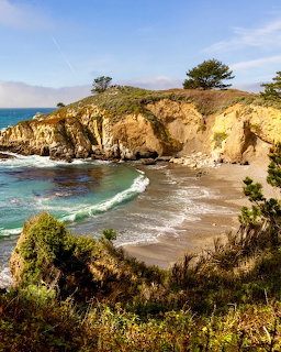Coastal cove with cliffs, turquoise waves, beach, and trees at Point Lobos, California