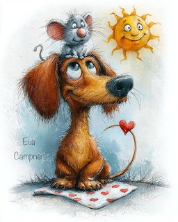 Cartoon dog with mouse on head looking up at smiling sun, sitting on picnic blanket