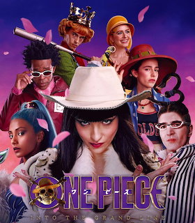 Group portrait of seven cast members in various costumes and hats with One Piece logo on purple background