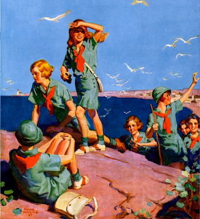 Vintage illustration of Girl Scouts gathered on rocks by the ocean with seagulls flying above