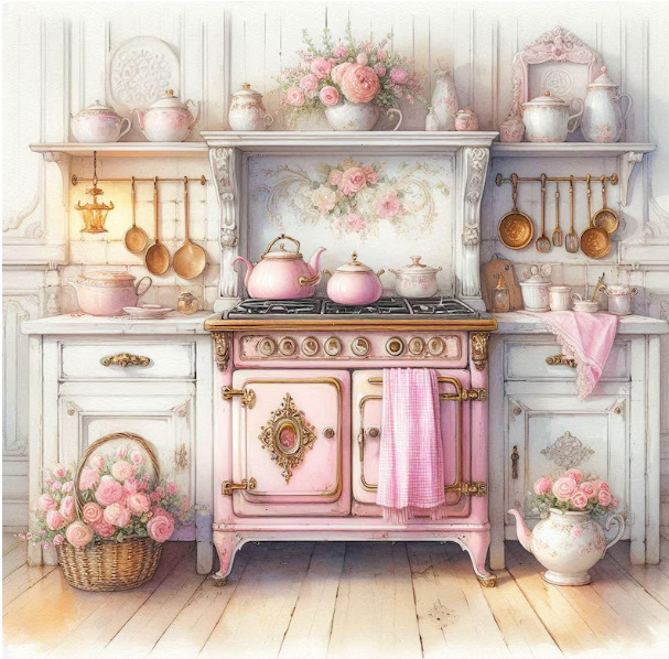 Pastel vintage kitchen with a pink stove, copper pans, flowers, and cottage decor