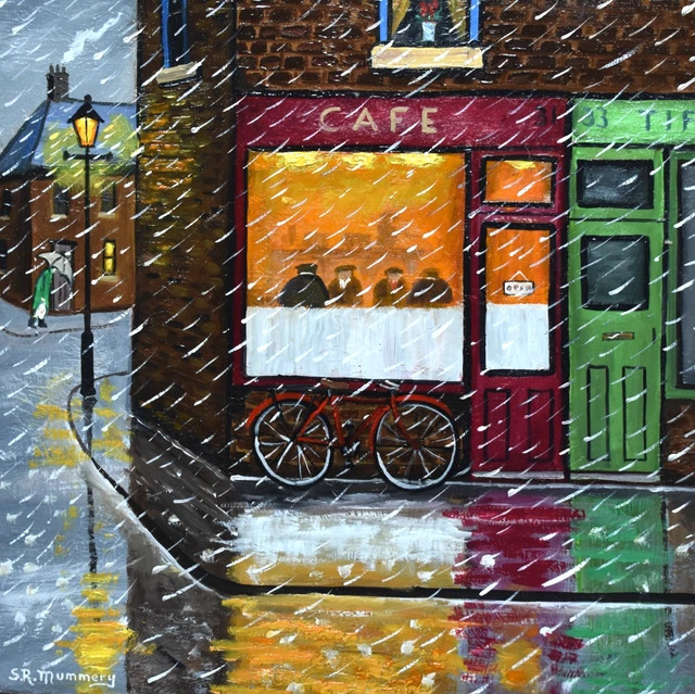 Painting of a rainy street with a cafe storefront, bright windows, reflections, and falling snow
