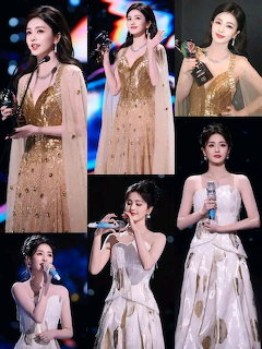 Collage of Chinese actress Bai Lu in elegant gowns holding awards at a ceremony