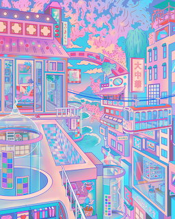 Pastel illustrated cityscape with colorful buildings, signs, and winding streets