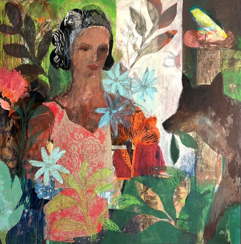 Mixed media painting of a woman in floral dress surrounded by tropical plants, flowers, and a bird