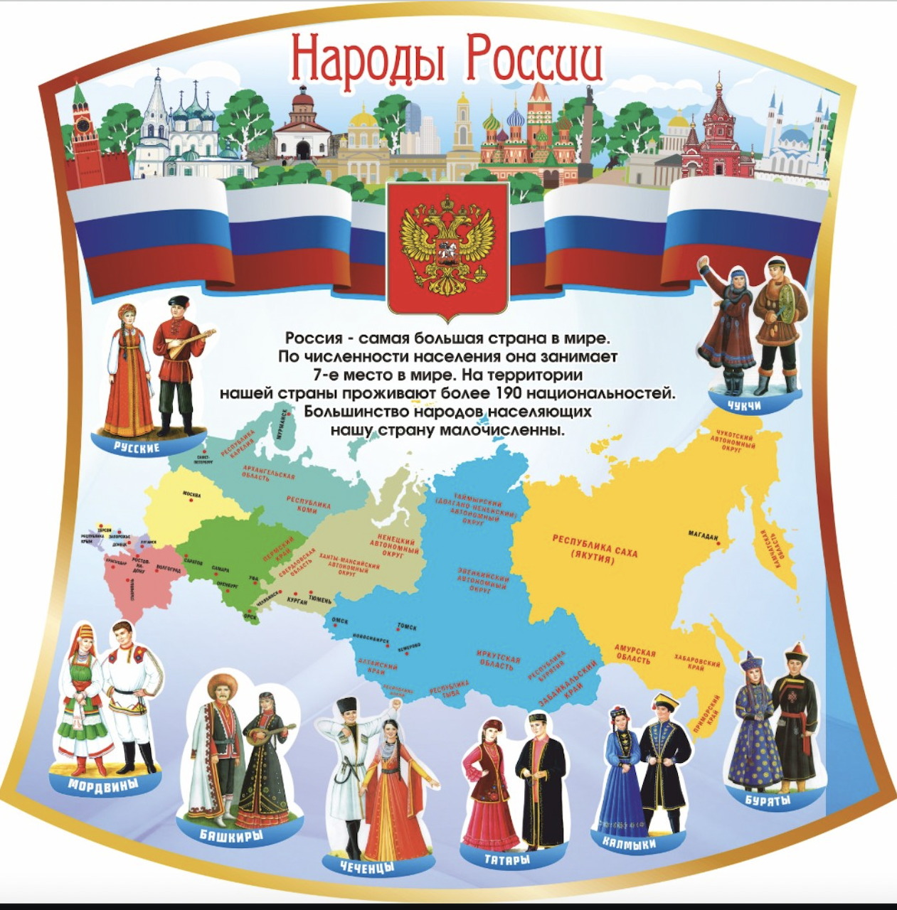 Illustrated map of Russia with flags, landmarks, and people in traditional regional costumes