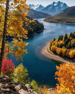 Blue mountain lake surrounded by colorful autumn trees with snow-capped peaks in the background