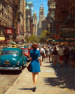 Woman in blue dress walking on vintage New York City street with classic cars and crowds