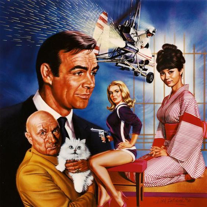 Vintage James Bond movie poster with agent, white cat, women, and spacecraft in dramatic composition
