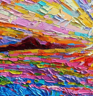 Abstract landscape painting with thick textured brushstrokes in vivid rainbow colors showing sky, mountains and water
