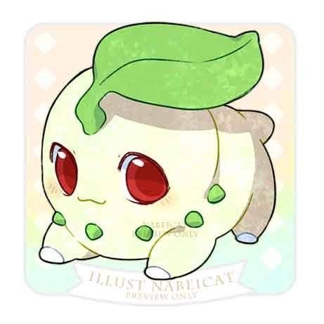 Chibi illustration of Chikorita Pokémon with green leaf and red eyes