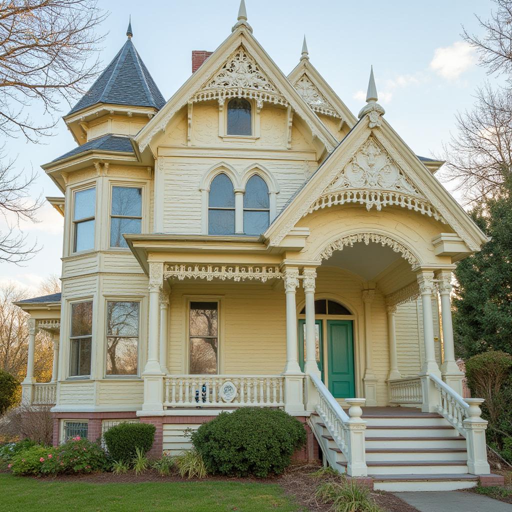 Ornate Victorian house in cream with turret, decorative trim, and front steps