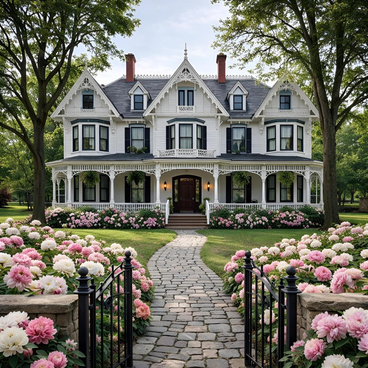 Victorian-style mansion with a wraparound porch, flower garden, and stone walkway