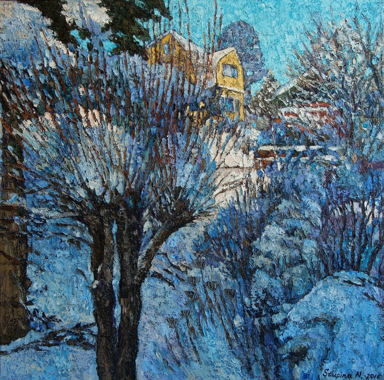 Impressionist winter painting showing snow-laden trees and buildings in shades of blue with thick textured brushstrokes