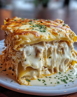 Close-up of a creamy chicken lasagna slice with melted cheese on a white plate