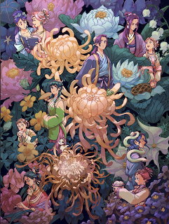 Anime girl with black hair among large peach and pink chrysanthemums on deep purple background with decorative floral elements