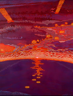 Abstract painting of orange sunrise reflecting on purple water with geometric patterns