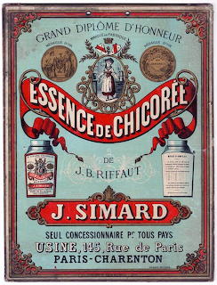 Vintage French chicory essence advertisement poster with ornate red lettering and gold medallions on decorative border