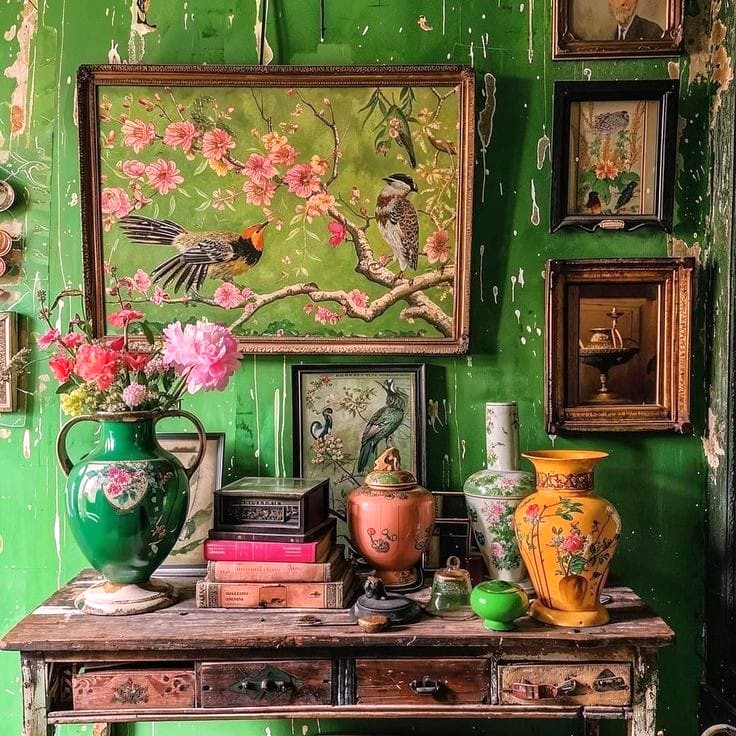 Shabby chic corner with green wall, vintage frames, floral art, and antique decorative objects on a weathered wooden table
