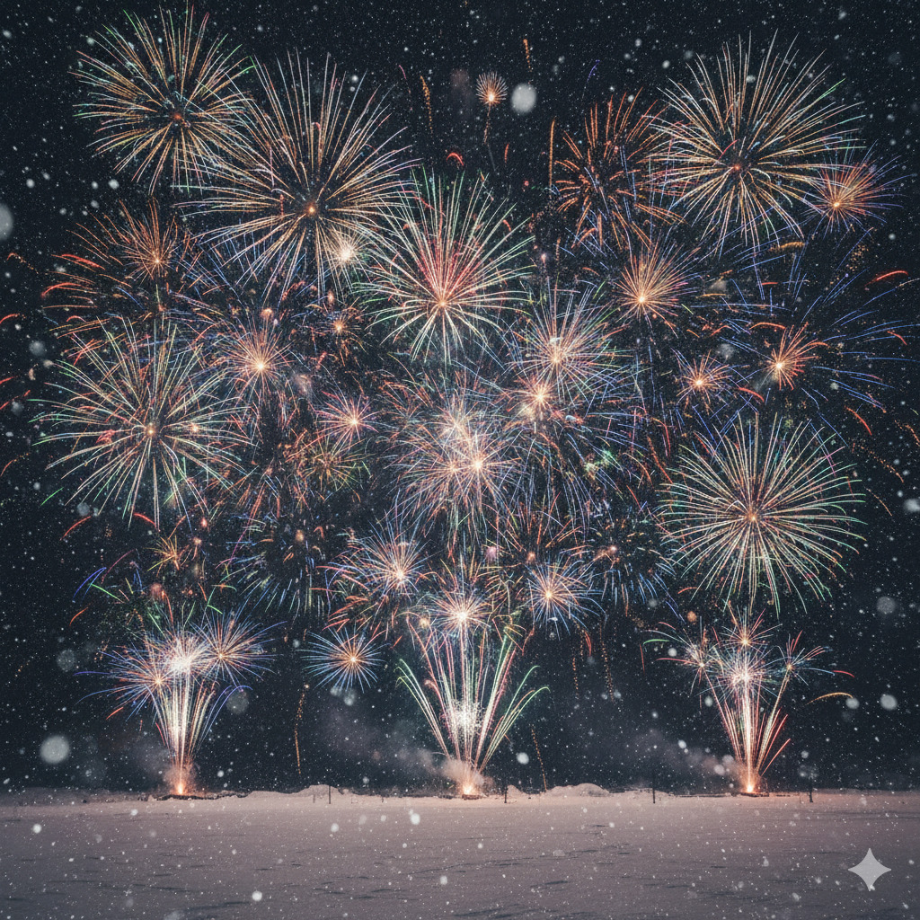Colorful fireworks in a dark night sky above snowy ground with falling snow