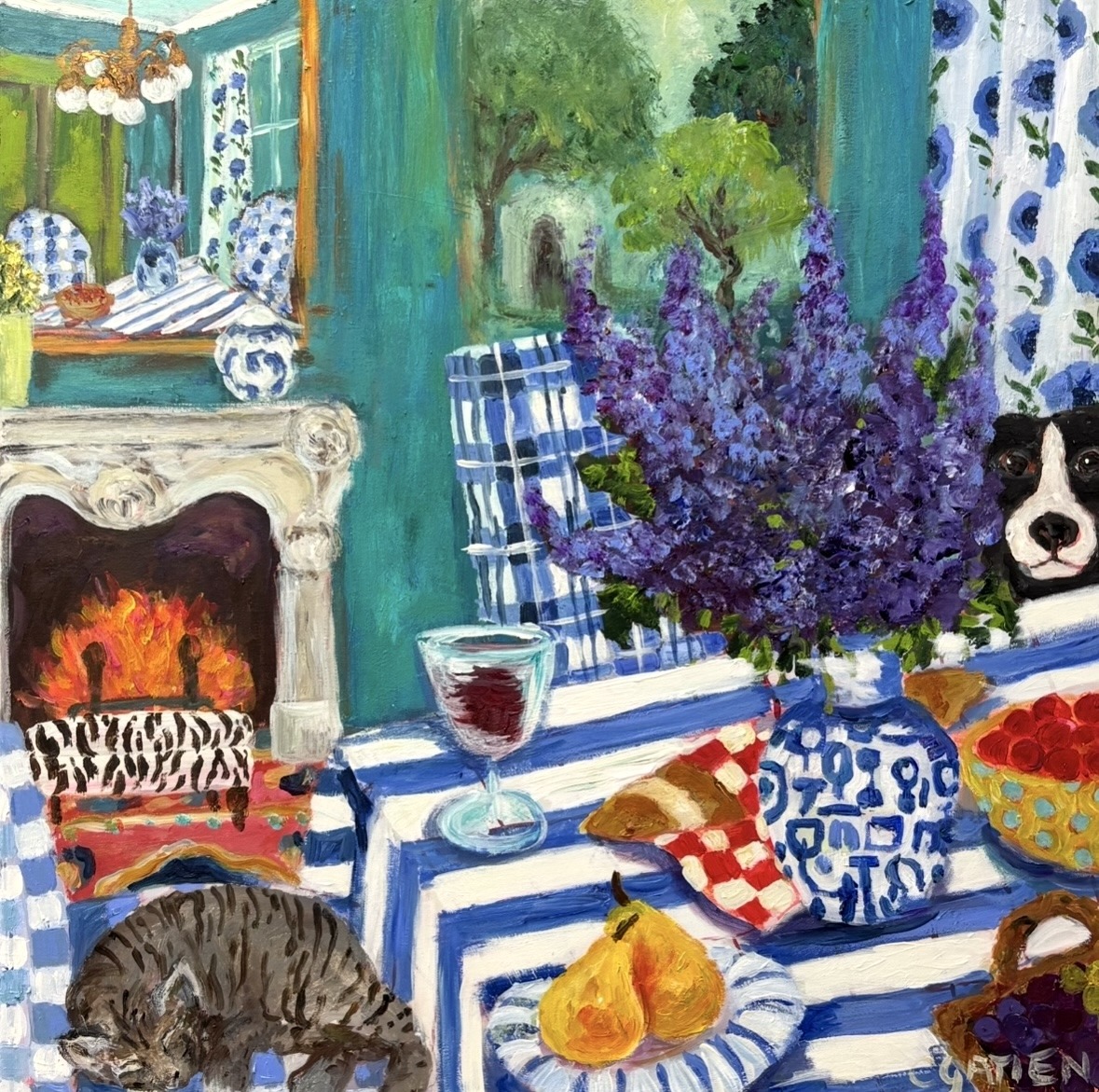 Painted interior scene with cats by fireplace, striped table with flowers and food, blue and white patterns throughout