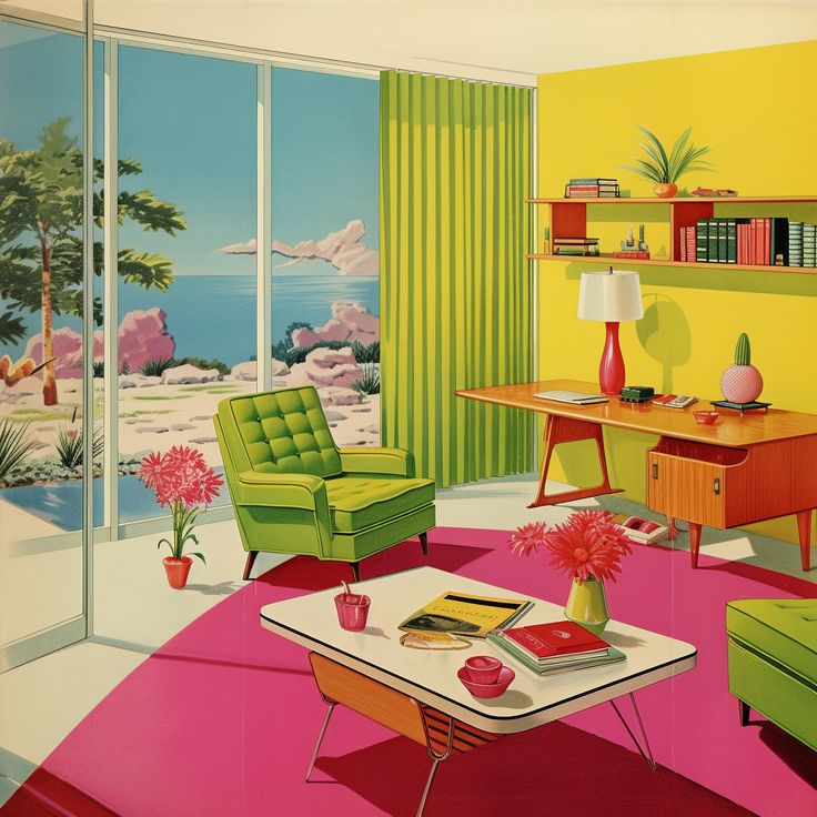 Colorful retro room with green chairs, wooden desk, coffee table, and large windows with a landscape view