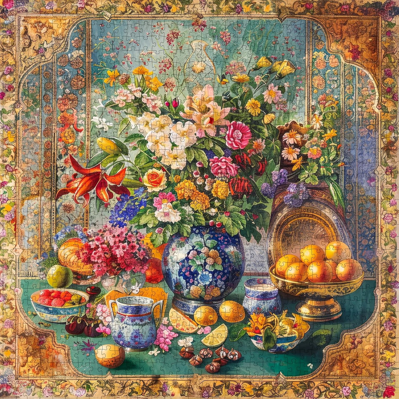 Vintage still life painting with flowers in vase, fruit bowls, and ornate patterned background