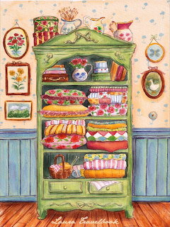 Green Cabinet with Colorful Fabrics