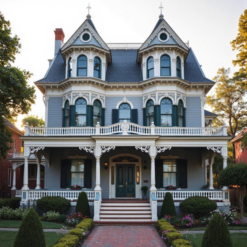 Victorian mansion with blue facade, white trim, twin turrets, wraparound porch, and manicured lawn