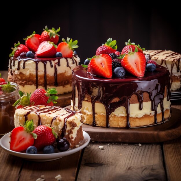 Three layered cakes decorated with chocolate drips, fresh strawberries, blueberries, and raspberries on wooden surface