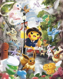 Pikachu in detective outfit surrounded by Pokemon characters in animated city scene