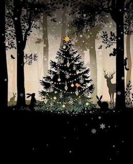 Illuminated Christmas tree in snowy forest with deer silhouettes and snowflakes
