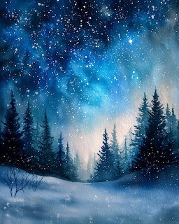 Watercolor of snow-covered pine forest under a starry blue night sky with falling snowflakes