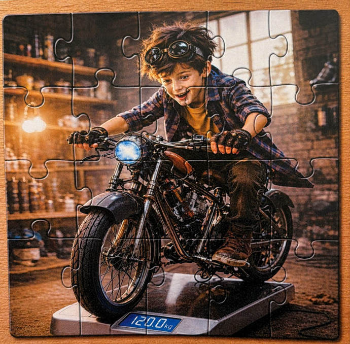 Young boy posing on a vintage-style motorcycle indoors with warm workshop lighting
