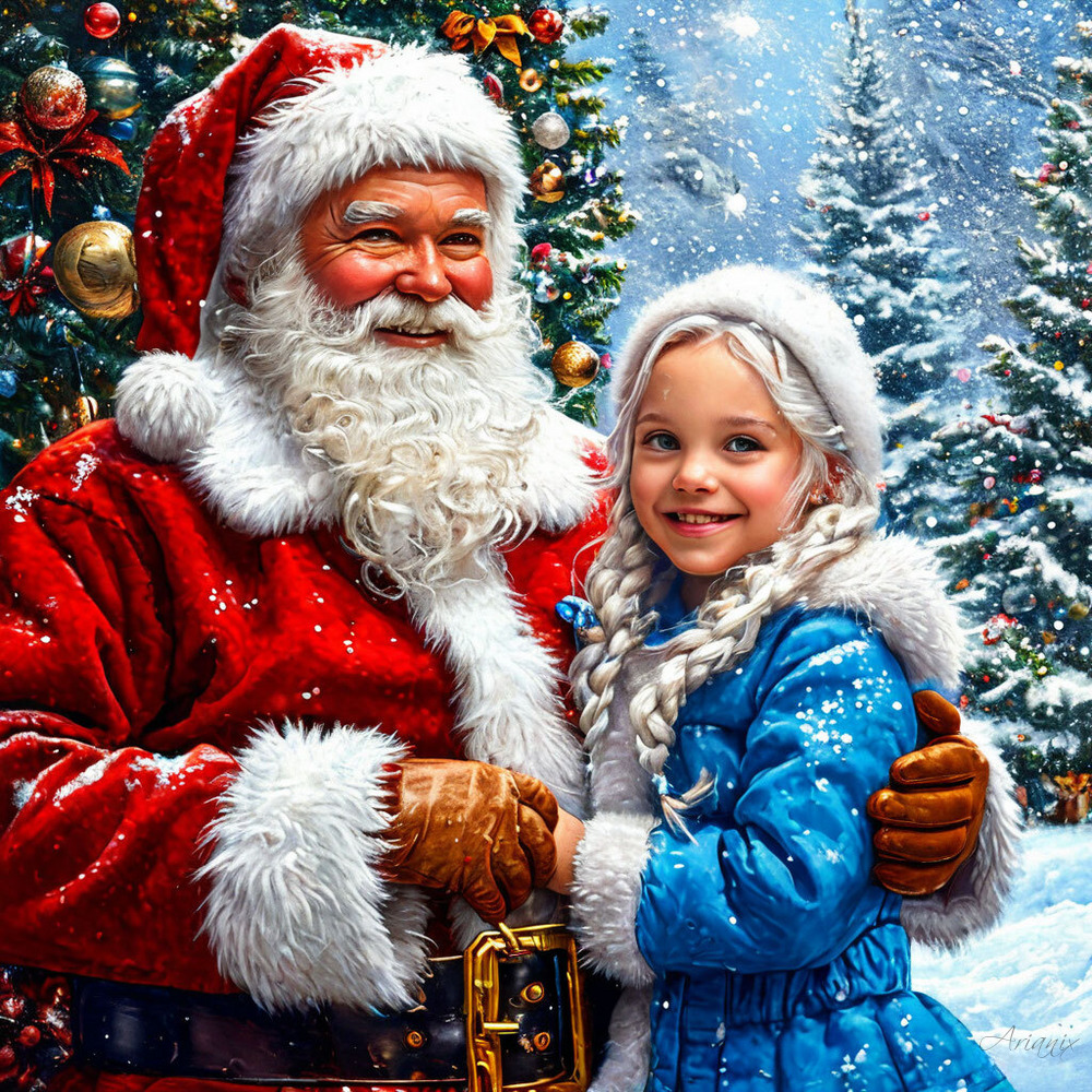 Santa Claus with white beard and child in winter clothing standing by Christmas tree in snowy forest