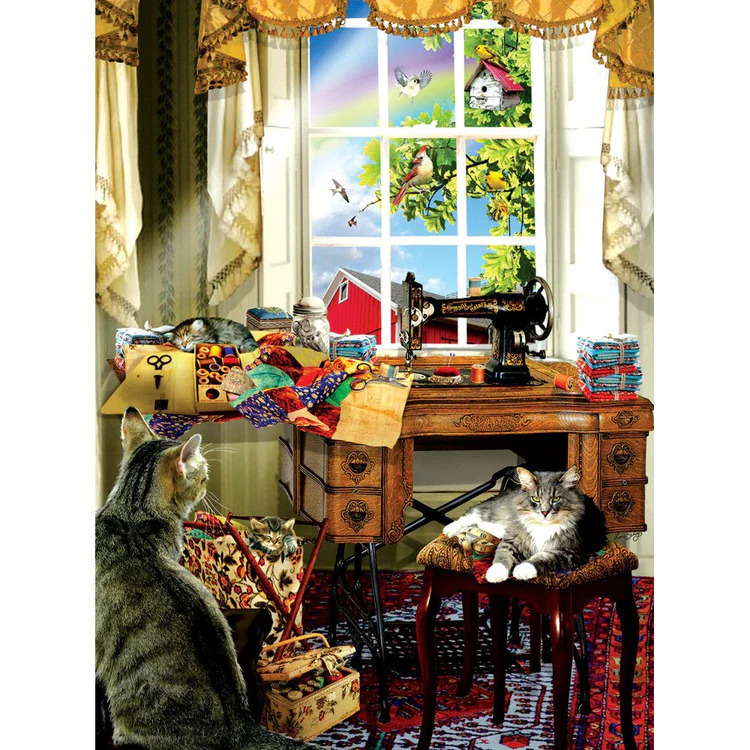 Cozy sewing room with antique desk, sewing machine, fabric baskets, cats resting, and sunny window overlooking garden