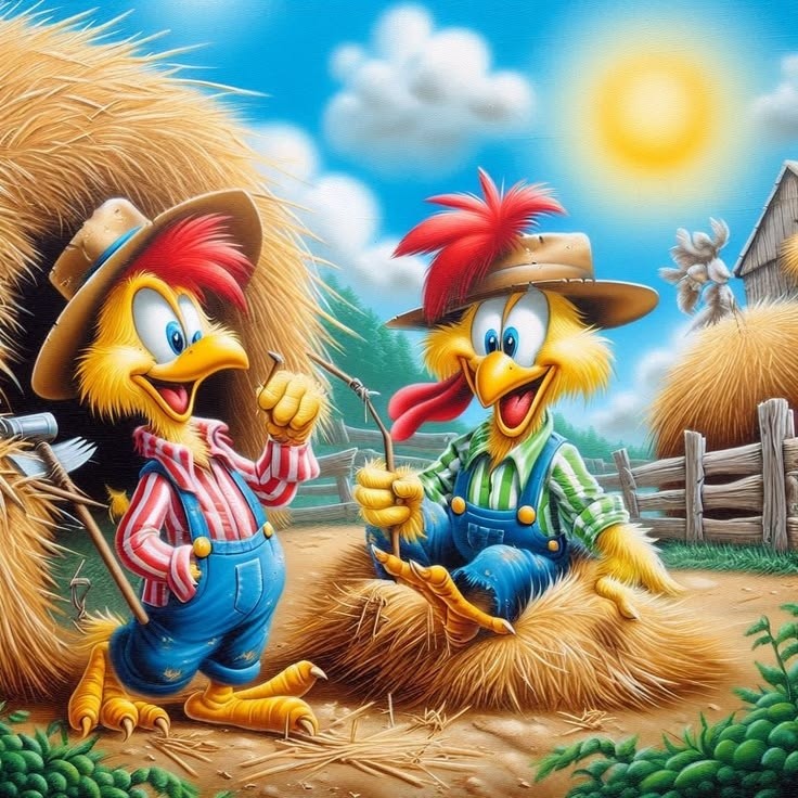 Two cartoon chickens wearing farmer outfits standing in a farm scene with haystacks and barn
