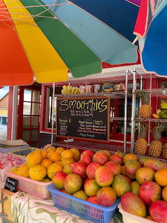 Outdoor smoothie stand with mangos in baskets, pineapples, and colorful rainbow umbrellas