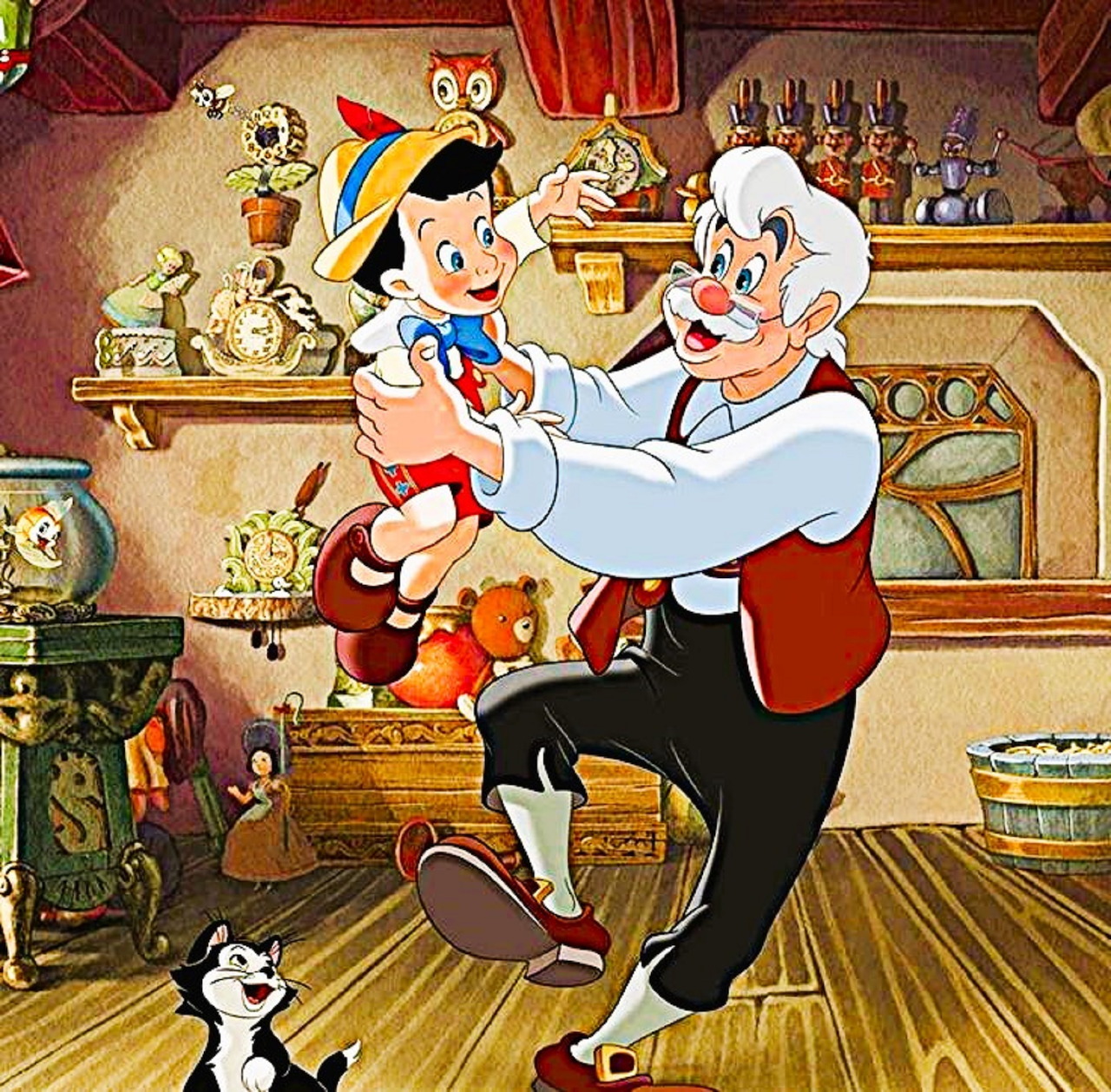 Geppetto holding Pinocchio puppet dancing in cluttered toy workshop with cat and clocks