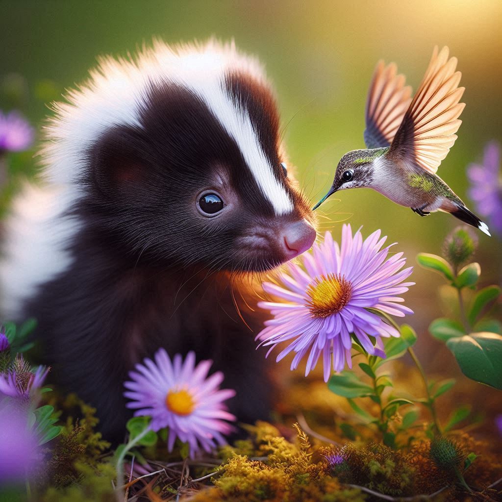 Skunk facing hummingbird hovering near purple aster flowers in golden sunlight