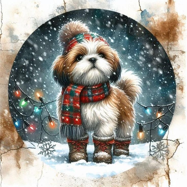 Shih Tzu puppy in winter hat and scarf standing in snow with string lights