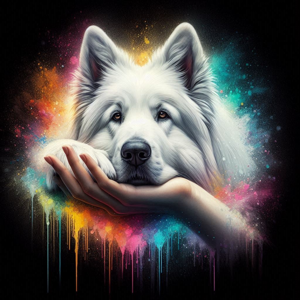 White fluffy dog with blue eyes cradled in hand against colorful splattered background