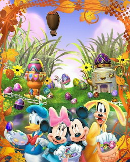 Disney characters Mickey, Minnie, Donald and Pluto in colorful Easter scene with decorated eggs and flowers