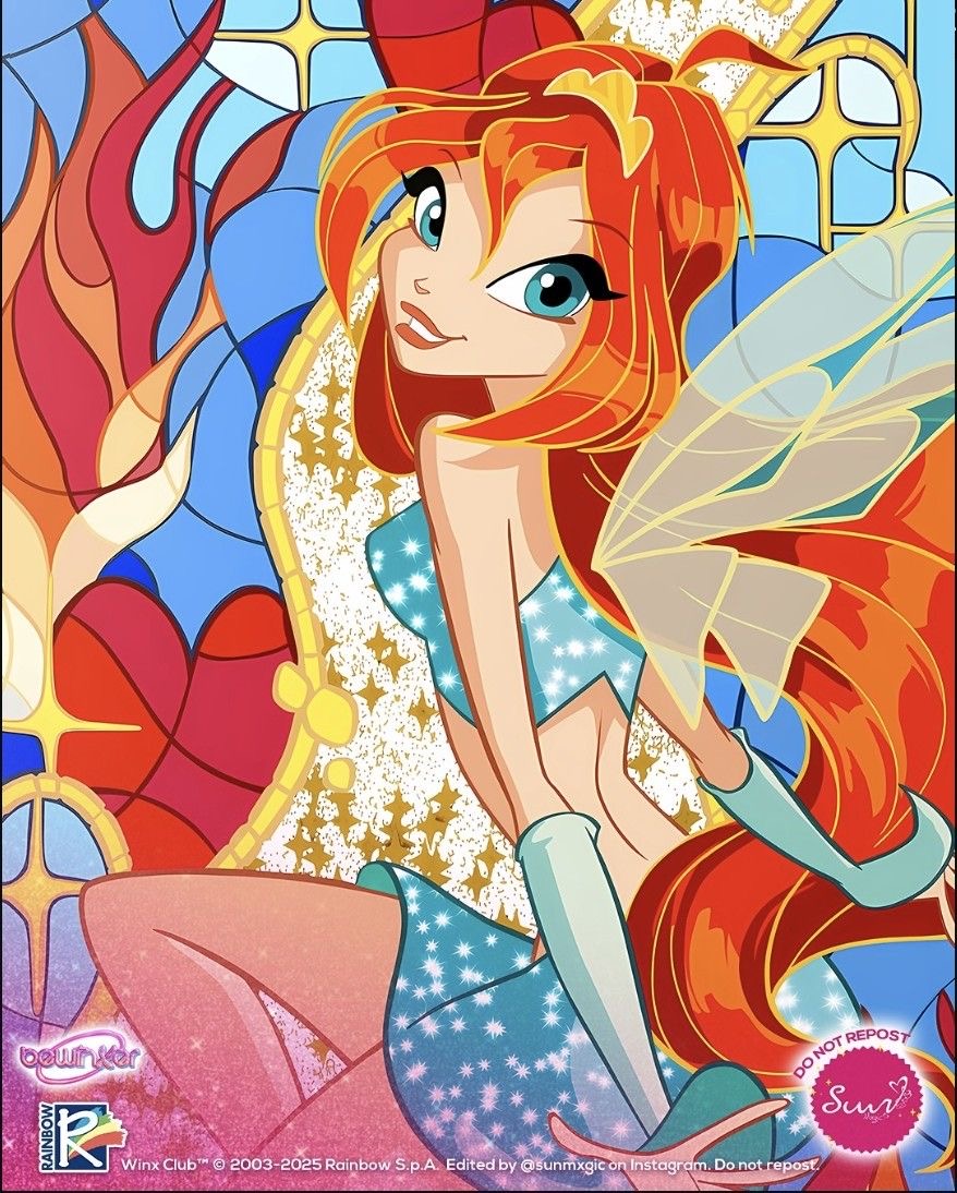 Cartoon fairy girl with long orange hair, blue dress, and colorful wings in stained glass style