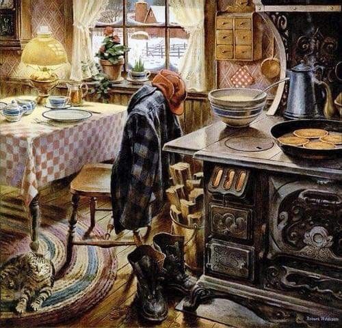 Person in plaid shirt cooking at wood stove in rustic cottage kitchen with cat nearby