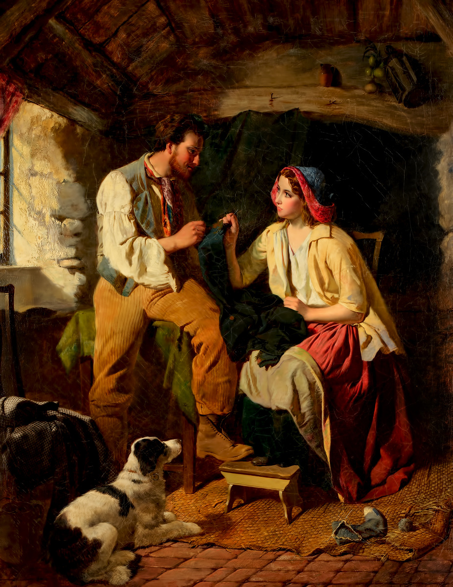 Painting of a young couple in a rustic cottage interior with a dog lying on the floor