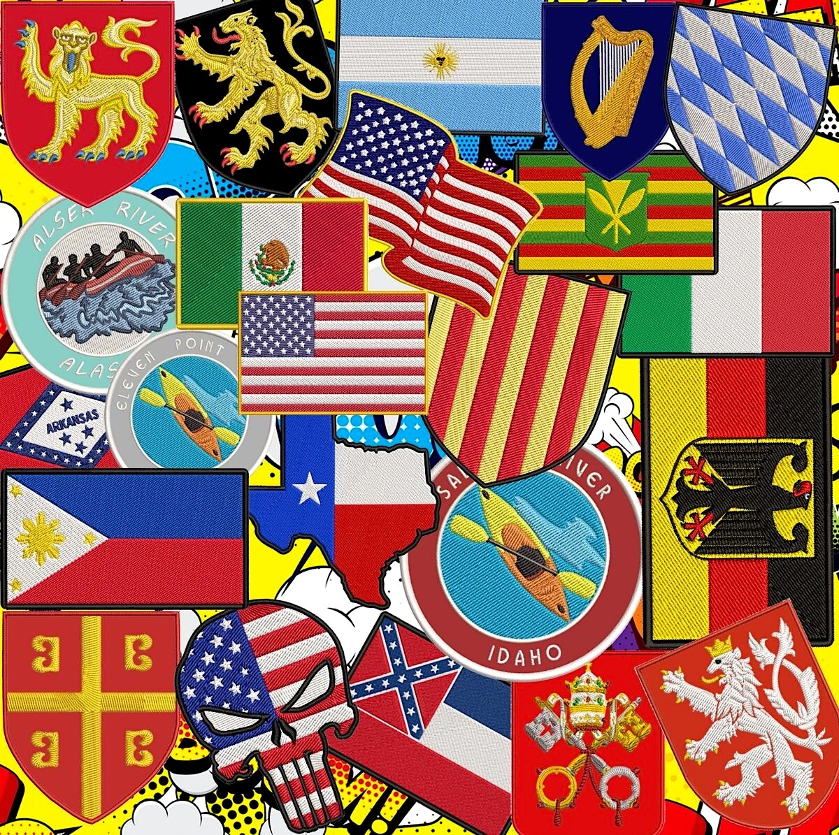 Colorful collage of international flags, national emblems, and heraldic symbols arranged in a dense patchwork pattern