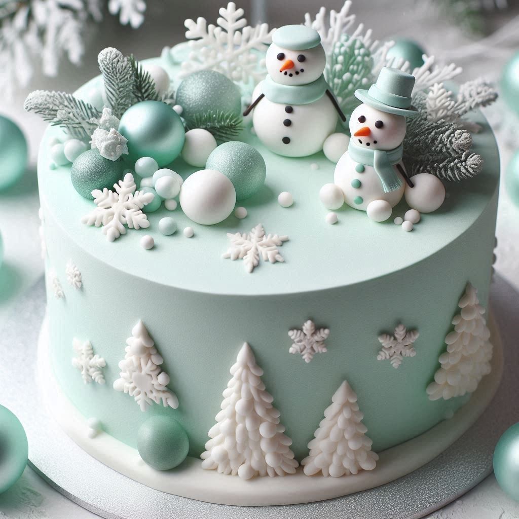 Pastel mint Christmas cake with fondant snowmen, snowflakes, ornaments, and white trees