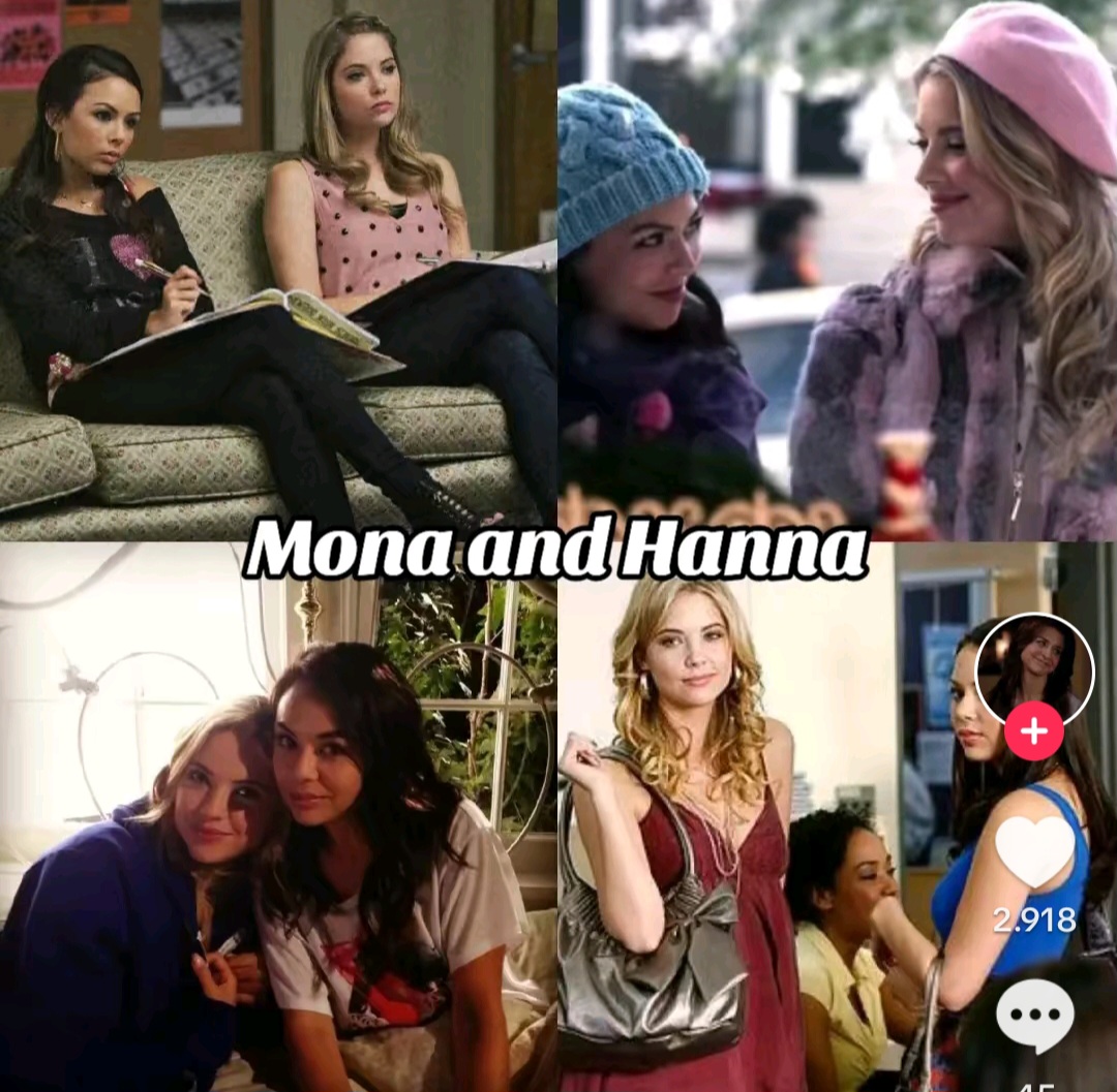 Collage of Mona and Hanna from Pretty Little Liars in several scenes together