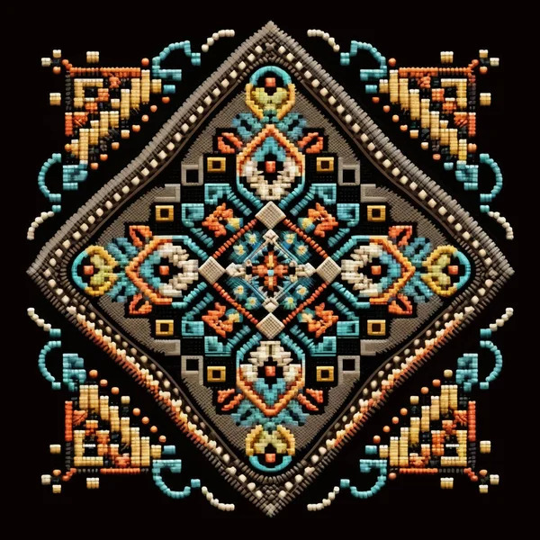 Ornate geometric mandala with symmetrical patterns in turquoise, orange, and gold on black background